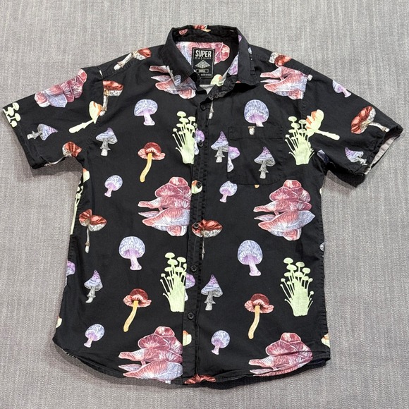 Super Massive Other - Super Massive Mens Mushroom Print Button Down Shirt Black Short Sleeve Small